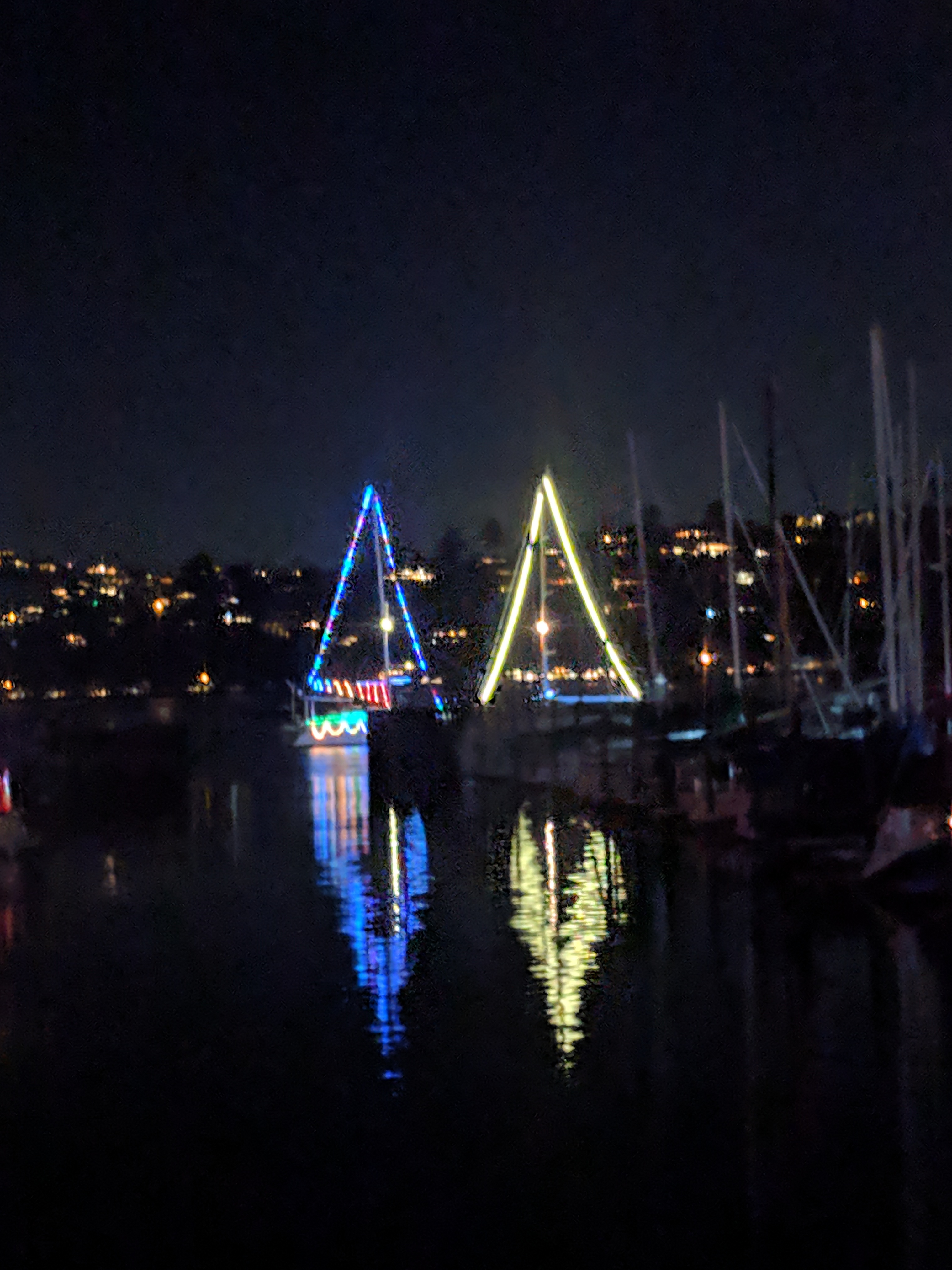 sailboats decorated with holiday lights, with lights reflected in the water