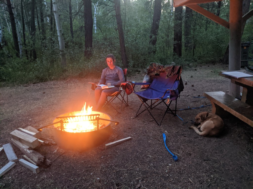 Me sitting in a camp chair reading a book, next to a campfire, with dog resting nearby